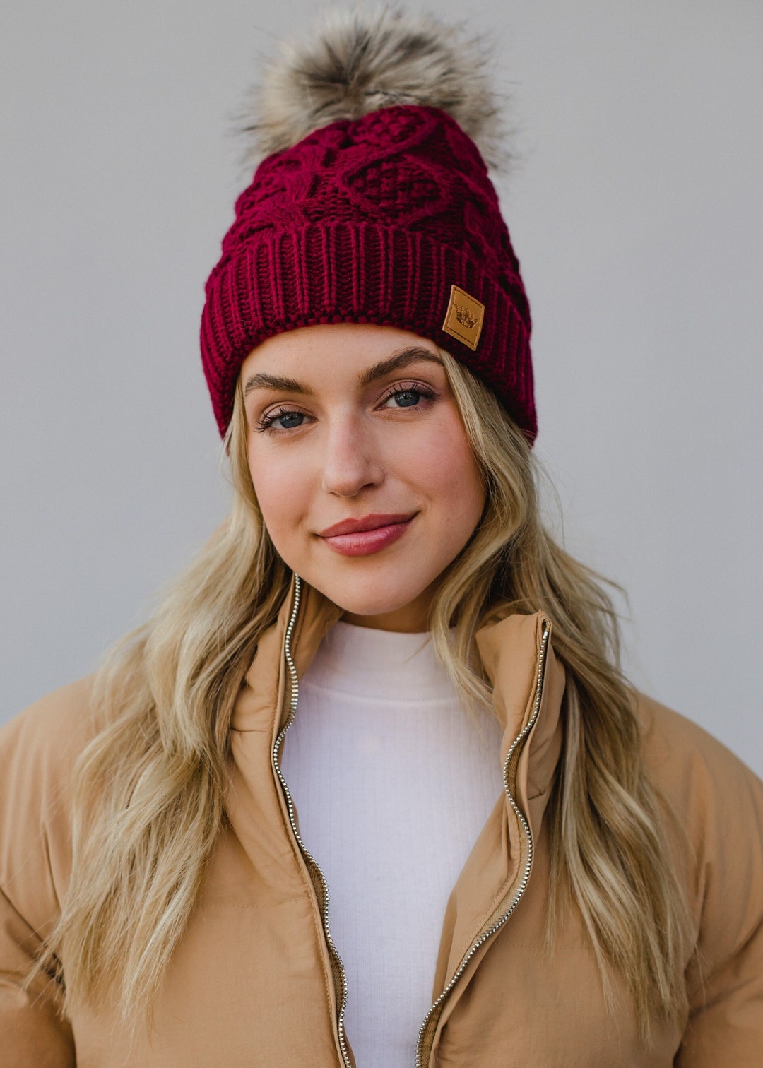 Burgundy Cable Knit Pom Hat Fleece Lined Pom Hat Women's Pom Hat Women