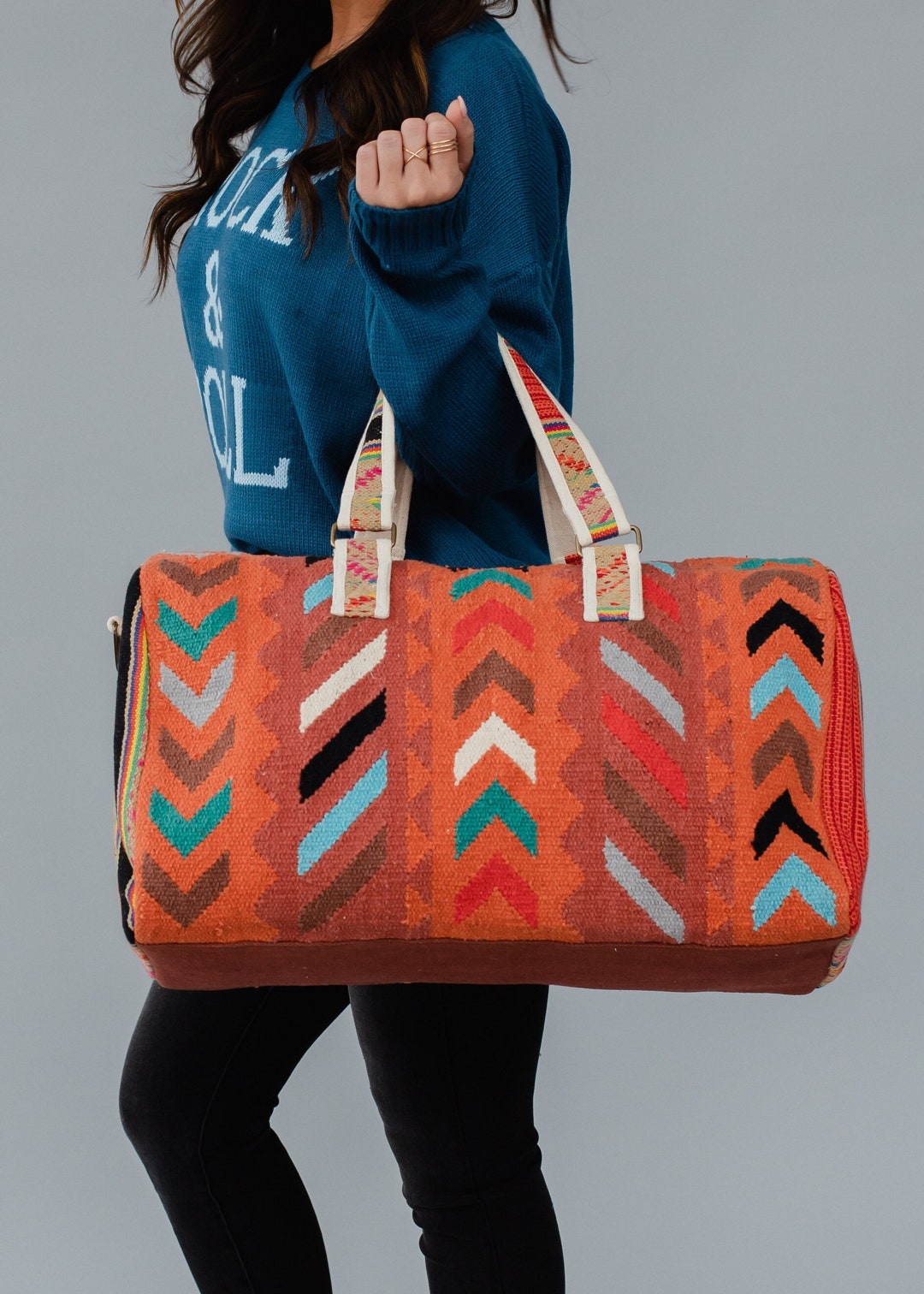 Orange & Multicolored Aztec Duffel Spring Duffel Bag Aztec Etsy