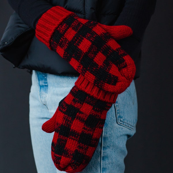 Red Buffalo Plaid Mittens | Fleece Lined Mittens | Women's Knit Mittens | Christmas Mittens | Red & Black Buffalo Plaid Mittens