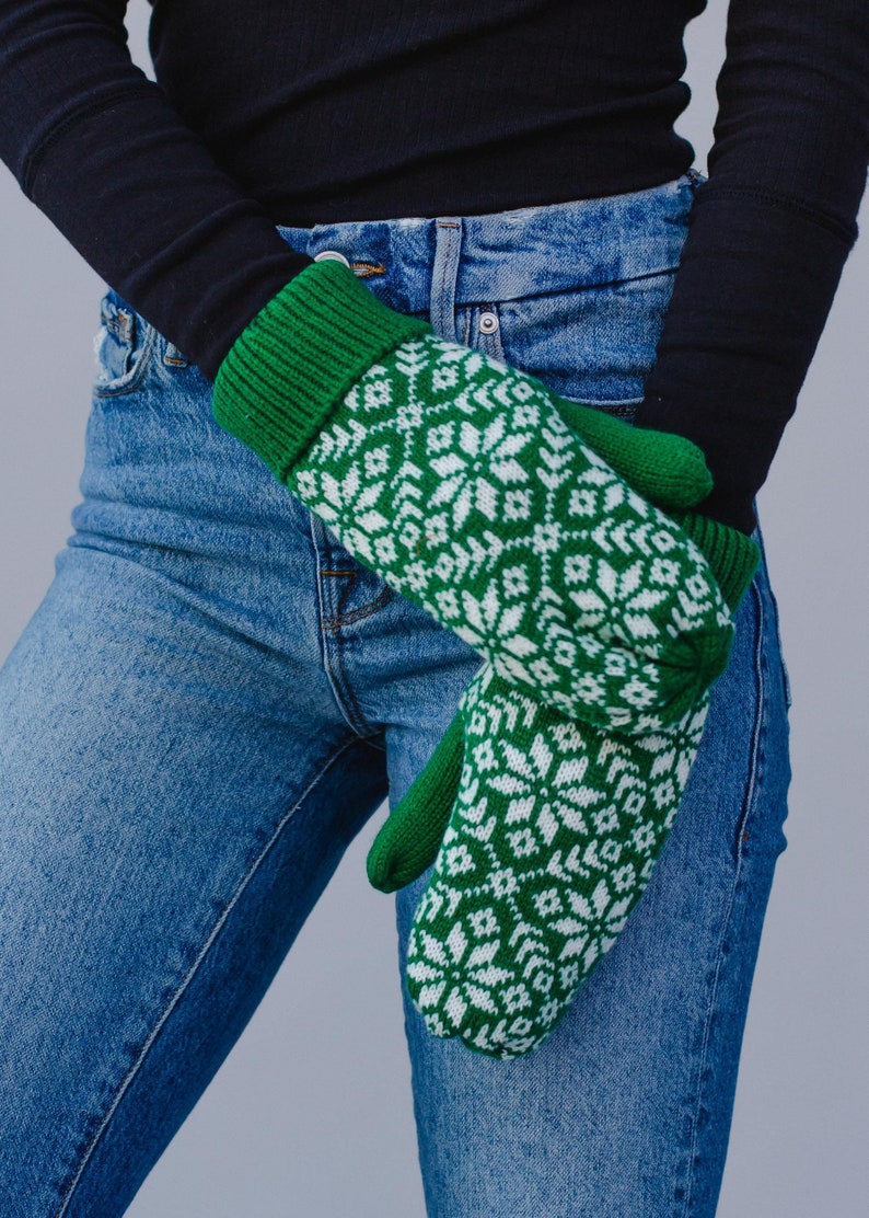 Green & White Snowflake Knit Mittens Fleece Lined Mittens Snowflake Pattern Mittens Women's Mittens Women's Winter Mittens image 1