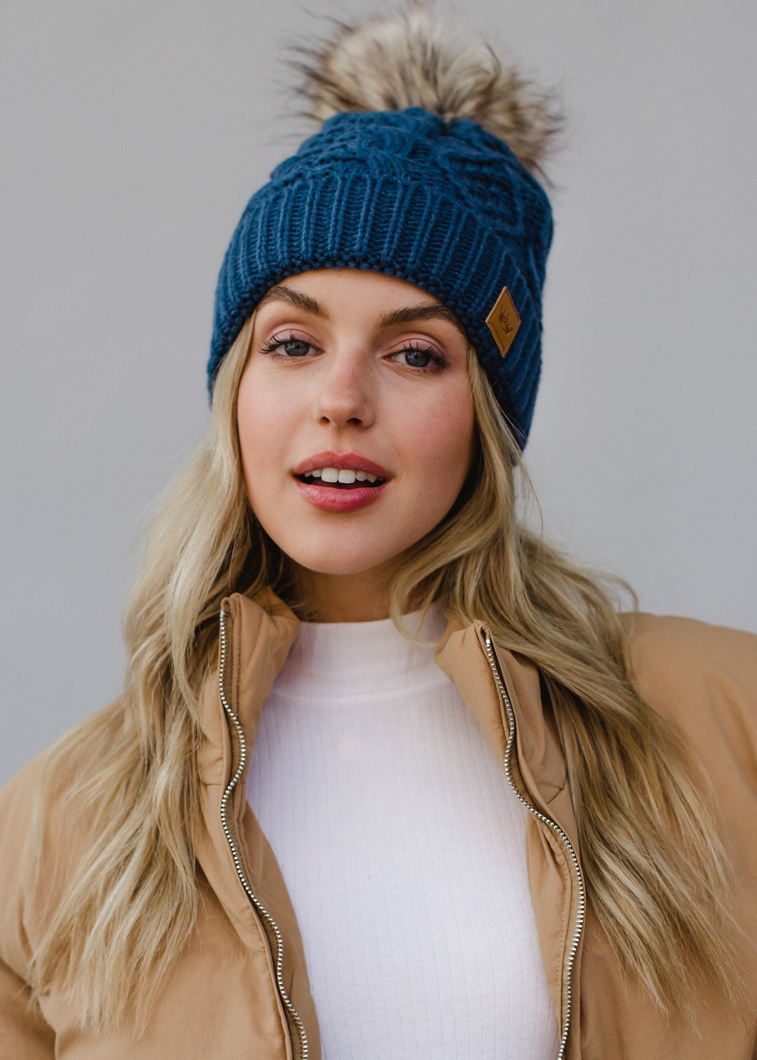 Steel Blue Cable Knit Pom Hat Fleece Lined Winter Hat Women's Pom Hat