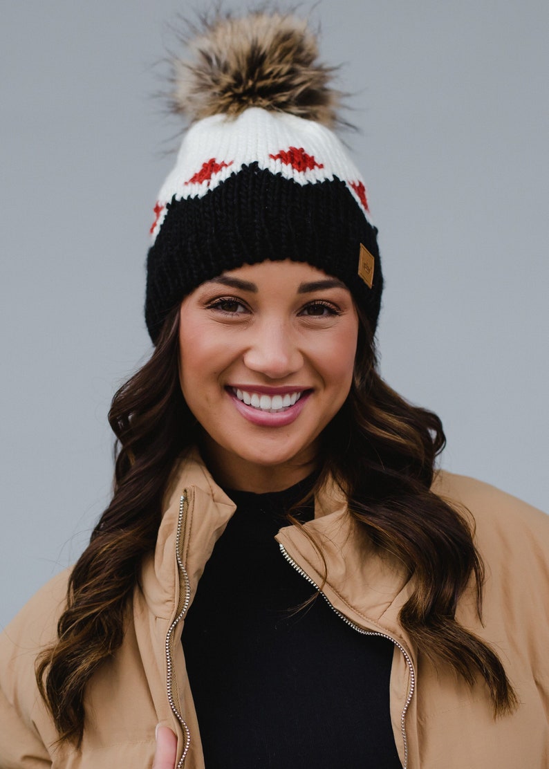 White, Rust & Black Patterned Pom Hat Women's Pom Hat Women's Winter Hat Fleece Lined Pom Hat Patterned Winter Hat image 1