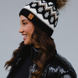 Black, White & Tan Patterned Pom Hat Fleece Lined Pom Hat Women's Patterned Pom Hat Women's Winter Hat Winter Accessories image 2