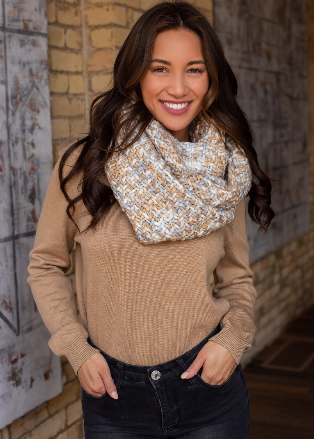 Cream & Grey Loom Woven Infinity Scarf Women's Infinity Scarf Winter