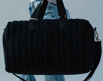 Black Cable Knit Duffel | Women's Duffel Bag | Travel Bag | Weekender Bag | Removable Strap | Neutral Duffel Bag | Knit Duffel Bag