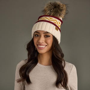 Cream, Burgundy & Gold Patterned Pom Hat
