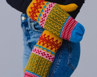 Blue, Mustard & Red Patterned Knit Mittens | Fleece Lined Mittens | Colorful Patterned Mittens | Women's Mittens | Winter Accessories