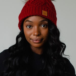 Dark Red Cable Knit Pom Hat | Fleece Lined Winter Hat | Winter Accessories | Christmas Pom Hat | Women&#39;s Cable Knit Winter Hat