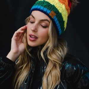 Classic Rainbow Stripe Pom Hat Rainbow Winter Hat Multicolored Striped Pom Hat Fleece Lined Winter Hat Trendy Rainbow Pom Hat image 3