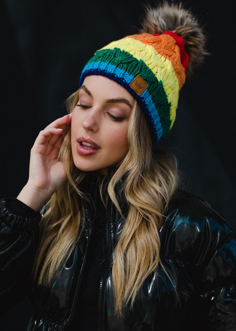 Classic Rainbow Stripe Pom Hat Rainbow Winter Hat Multicolored Striped Pom Hat Fleece Lined Winter Hat Trendy Rainbow Pom Hat image 3