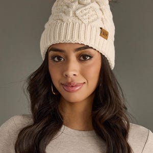 Beige Cable Knit Pom Hat | Beige Winter Hat | Neutral Pom Hat | Fleece Lined Winter Hat | Winter Hat with Faux Fur Pom Accent | Best Seller