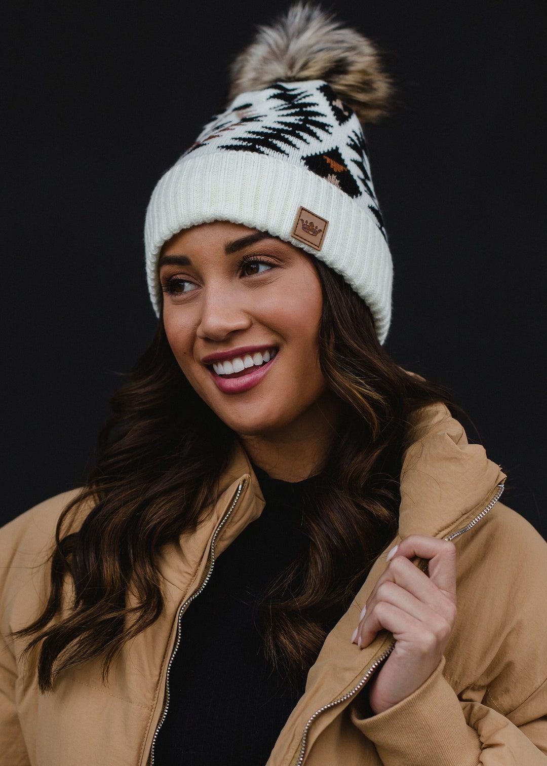 Cream, Black & Rust Tribal Pom Hat Fleece Lined Pom Hat Aztec Pattern Pom Hat Women's Pom Hat