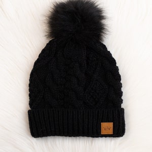 Black Cable Knit With Black Pom Hat Fleece Lined Winter Hat Black Cable ...