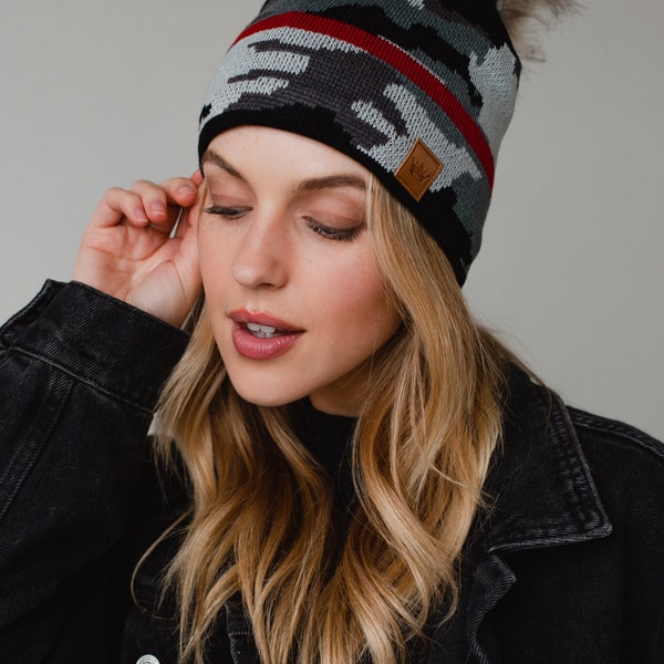 Grey Camo with Red Stripe Pom Hat | Camo Pom Hat | Camo Winter Hat | Grey Camo Print Winter Hat | Trendy Pom Hat | Grey Camo Women's Hat