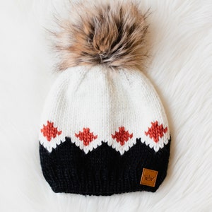 White, Rust & Black Patterned Pom Hat Women's Pom Hat Women's Winter Hat Fleece Lined Pom Hat Patterned Winter Hat image 4