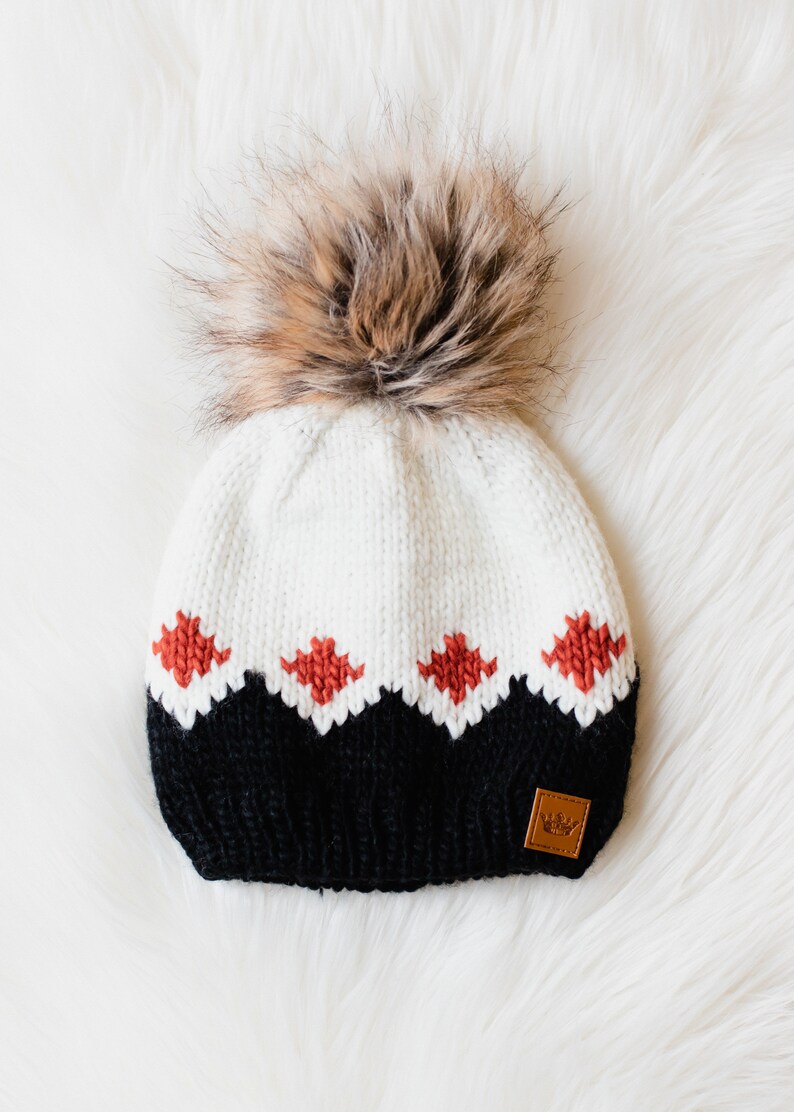 White, Rust & Black Patterned Pom Hat Women's Pom Hat Women's Winter Hat Fleece Lined Pom Hat Patterned Winter Hat image 4