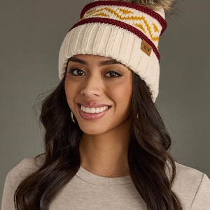 Cream, Burgundy & Gold Patterned Pom Hat