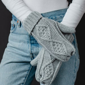 Light Gray Cable Knit Mittens Fleece Lined Mittens Winter Accessories Light Gray Fleece Lined Mittens Women's Grey Winter Mittens image 1