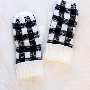 White Buffalo Plaid Mittens Fleece Lined Mittens Winter Mittens Women's Knit Mittens White & Black Buffalo Plaid Mittens image 3