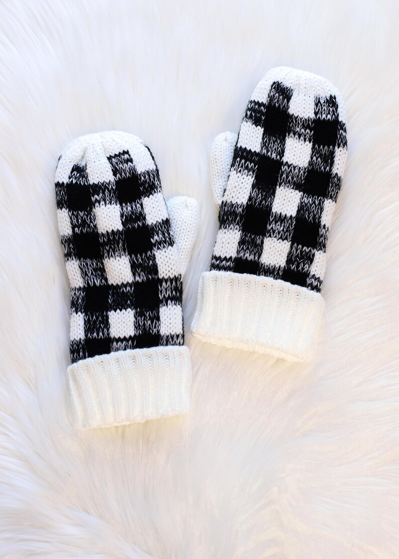 White Buffalo Plaid Mittens Fleece Lined Mittens Winter Mittens Women's Knit Mittens White & Black Buffalo Plaid Mittens image 3