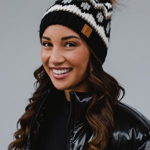 Black, White & Tan Patterned Pom Hat Fleece Lined Pom Hat Women's Patterned Pom Hat Women's Winter Hat Winter Accessories image 3