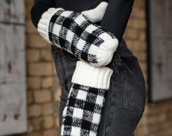 White Buffalo Plaid Mittens | Fleece Lined Mittens | Winter Mittens | Women's Knit Mittens | White & Black Buffalo Plaid Mittens