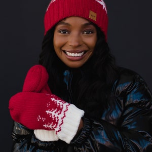 Red & White Tree Pattern Knit Mittens Fleece Lined Mittens Patterned Mittens Women's Knit Mittens Christmas Mittens Winter Mittens image 3