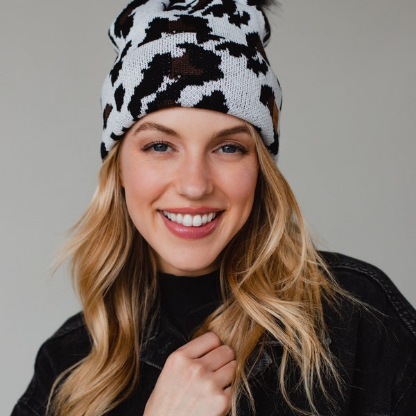 White Leopard Pom Hat | Animal Print Pom Hat | Fleece Lined Winter Hat | Snow Leopard Pom Hat | Winter Accessories | Women's Pom Hat