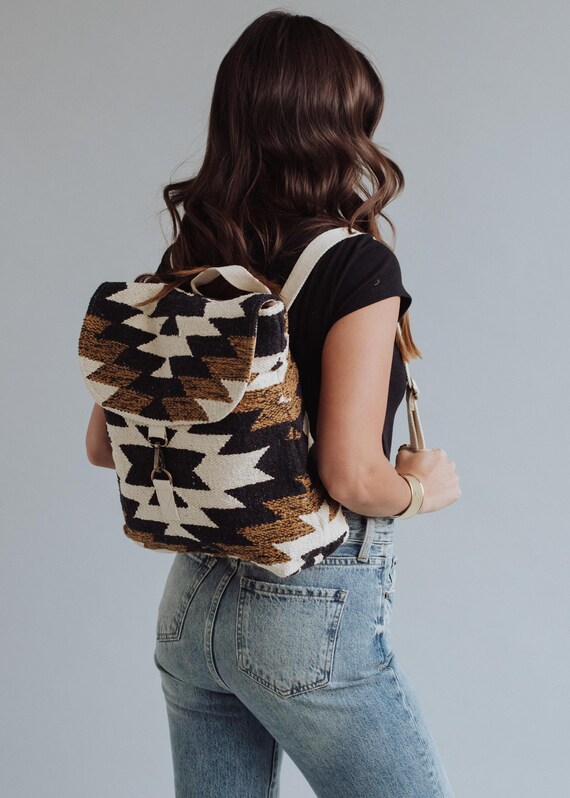 Black, White & Brown Western Backpack | Aztec Inspired Bag  display picture 3