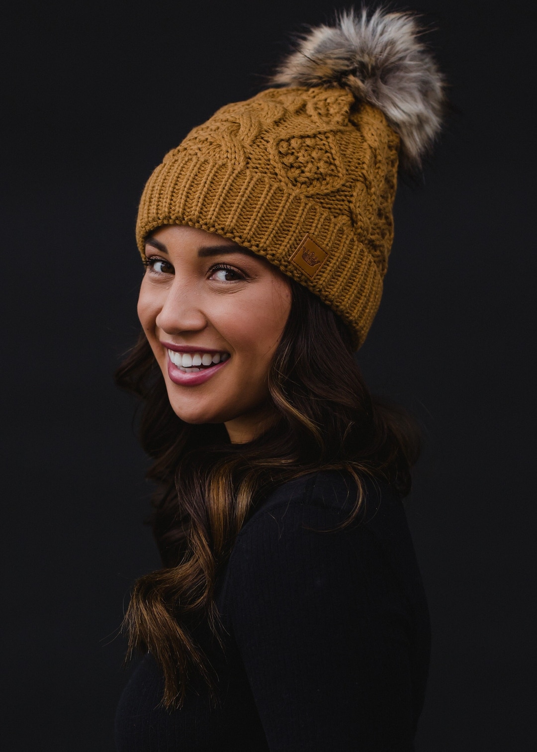 Camel Cable Knit Pom Hat Fleece Lined Winter Hat Women's Pom Hat Winter