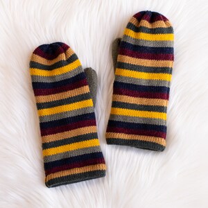 Multicolored Striped Knit Mittens Fleece Lined Knit Mittens Striped Mittens Fall Tone Mittens Winter Accessories Winter Mittens image 3