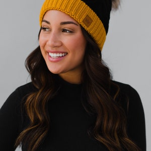 Black & Gold Trim Cable Knit Pom Hat Fleece Lined Pom Hat Women's Pom Hat School Pride Women's Winter Hat College Pom Hat image 3