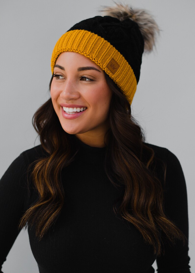 Black & Gold Trim Cable Knit Pom Hat Fleece Lined Pom Hat Women's Pom Hat School Pride Women's Winter Hat College Pom Hat image 3