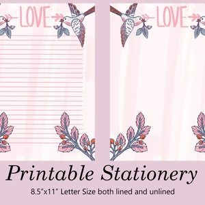 Papelería floral imprimible, pájaros del amor, rosa, descarga instantánea, descarga digital, papel para escribir, papel de carta, tamaño carta, 8,5 x 11, notas