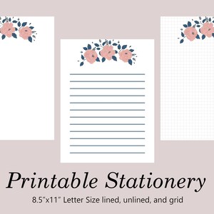 Blumen druckbares Briefpapier, Druckbare Notizen mit blauer Blume, sofortiger Download, Notizen machen, digitaler Download, Letter Format, 8,5 x 11
