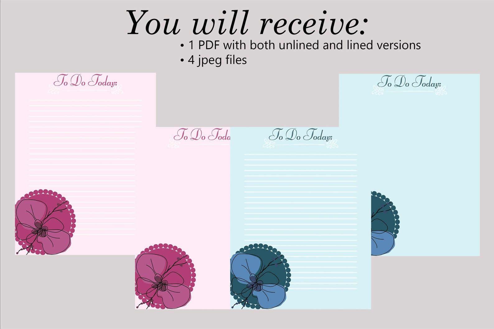 Flower Notes, Pink Flower Printable Stationery, Blue Flower, Instant ...