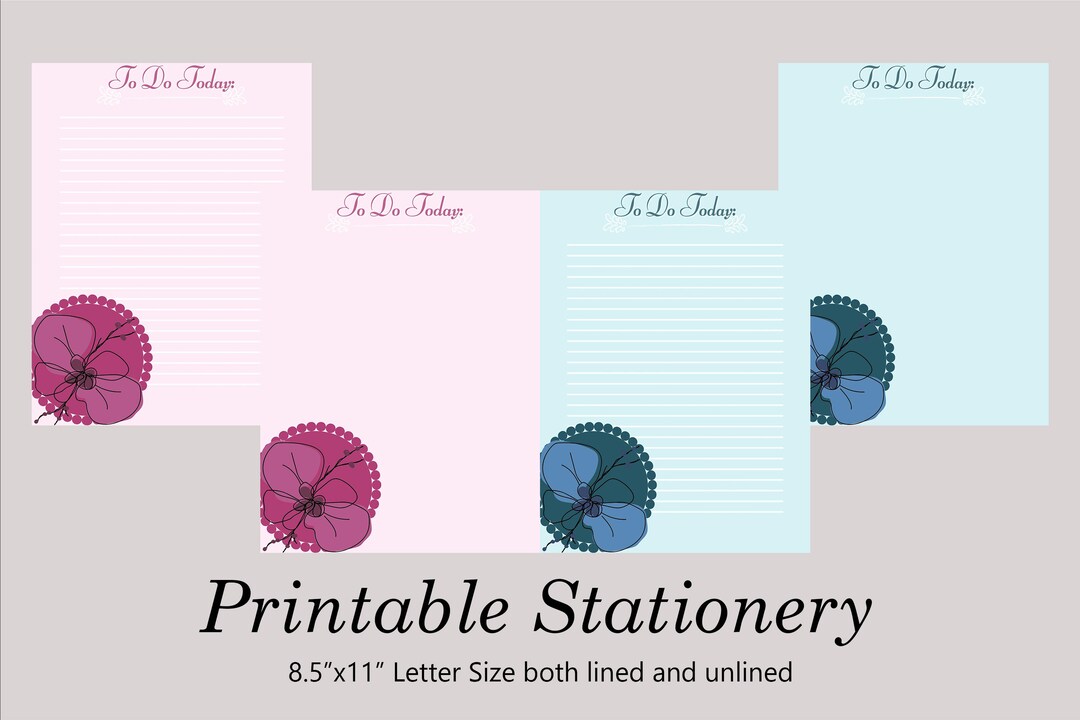 Flower Notes, Pink Flower Printable Stationery, Blue Flower, Instant ...