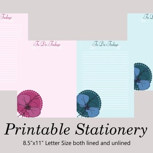 Blumen Notizen, rosa Blume Briefpapier, blaue Blume, sofort Download, digitaler Download, To Do Liste, 8.5 x 11, Briefpapier