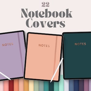 Peut inclure: Trois écrans d'iPad affichant des couvertures de carnets numériques de couleurs différentes. Les couvertures sont de couleur violet clair, pêche et vert foncé. Chaque couverture porte le mot "NOTES" en lettres cuivrées.