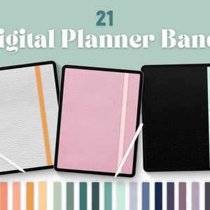 Op de afbeelding: 21 digitale plannerbanden in verschillende kleuren, waaronder perzik, oranje, geel, groen, blauw, paars en grijs. De banden worden getoond op drie digitale planners met verschillende gekleurde omslagen: wit, roze en zwart.