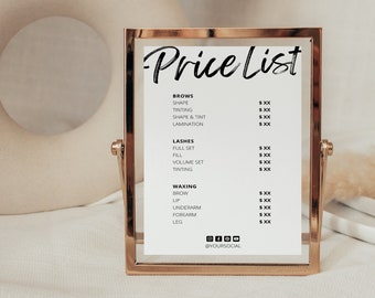 Plantilla de lista de precios, lista de precios para salón, hoja de precios, plantilla de lista de servicios, menú de servicio, tarjeta de estante de salón, tarjeta minimalista
