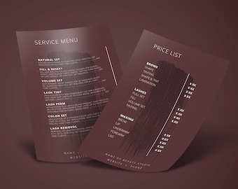 Plantilla de lista de precios, lista de precios para salón, plantilla de lista de precios, plantilla de lista de servicios, menú de servicio, tarjeta rack, esteticista, tarjeta minimalista