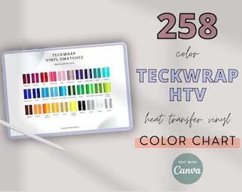 AKTUALIZACJA Teckwrap HTV Color Chart, Heat Transfer Vinyl Color Chart, Canva, Color Samples, Vinyl Swatches, Tekwrap, Printable, Editable