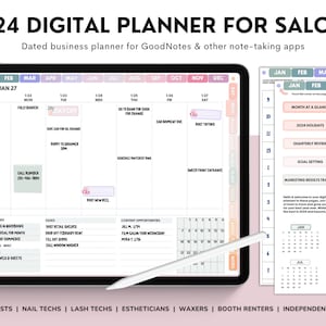 Può includere: Un planner digitale per saloni, progettato per GoodNotes e altre app per prendere appunti. Il planner presenta una vista del calendario mensile, un programma settimanale e sezioni per tenere traccia dei risultati di marketing, delle opportunità di contenuto e dei compiti. Il planner è progettato per parrucchieri, tecnici delle unghie, tecnici delle ciglia, estetiste, cerette, affittuari di stand e stilisti indipendenti.