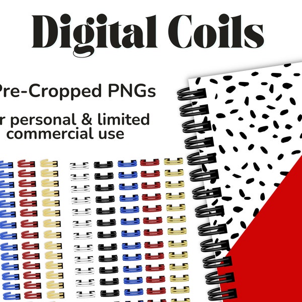 Realistic Digital Planner Coils, Wire-O Spirals, Black, White, Blue, Red, Yellow Binder Ring, GoodNotes Notebook, Spiral Bound PNG, PNGs