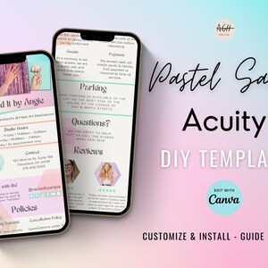 May include: A pastel pink and blue phone mockup with the text "Nailed It by Angie" and "Pastel Salon Acuity DIY Template" on the screen. The phone mockup is on a pink and blue background with the text "Edit with Canva" and "Customize & Install - Guide Included".
