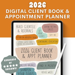 Puede incluir: Un libro de clientes digital y planificador de citas para 2026 en una tableta. La pantalla muestra burbujas de texto coloridas con frases como "Construir clientela y referencias" y "Aumentar las ventas minoristas". Un lápiz óptico blanco descansa en la pantalla.