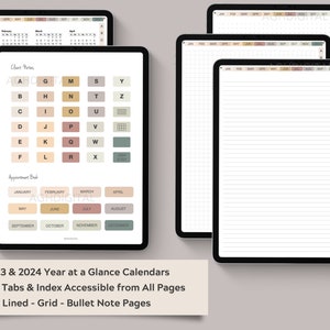 May include: A digital planner featuring three different page layouts: a calendar, a grid, and lined paper. The calendar covers 2023 and 2024 and has linked tabs and an index accessible from all pages. The planner has a neutral colour scheme with beige, brown, and green accents.