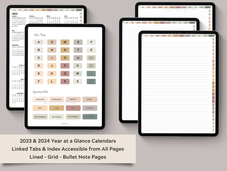 May include: A digital planner featuring three different page layouts: a calendar, a grid, and lined paper. The calendar covers 2023 and 2024 and has linked tabs and an index accessible from all pages. The planner has a neutral colour scheme with beige, brown, and green accents.