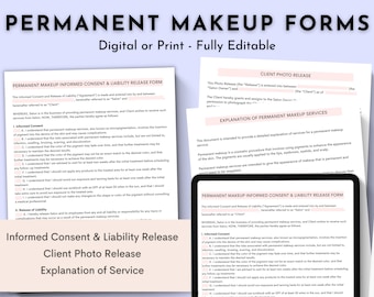 Permanent Make-up Kundenformulare, PMU Geschäftsformulare, Permanent Make Up, Einverständniserklärung des Kunden, Fotofreigabe, bearbeitbare digitale Formulare, Haftung